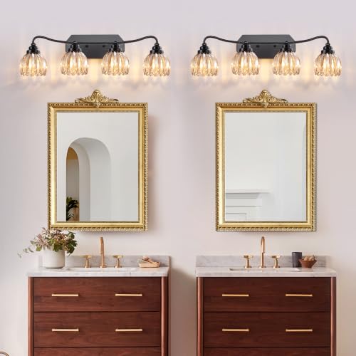 Image of Vintage Vanity Lights, 4‑Light Antique Matte Black Finish | Amber Tulip Crystal Bathroom Light Fixtures, Mid‑Century Style, Bathroom Lighting Over Mirror for Bedroom, Easy to Install