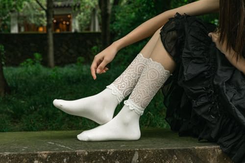 Image of Womens Lace Cotton Socks Transparent Mesh Ruffle Dress Calf Socks