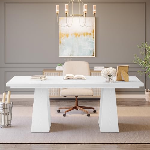 Image of Tribesigns 63-Inch Executive Desk, Large Office Computer Desk with Double Pedestal, Modern Simple Workstations Writing Table Conference Table Business Furniture for Home Office, White