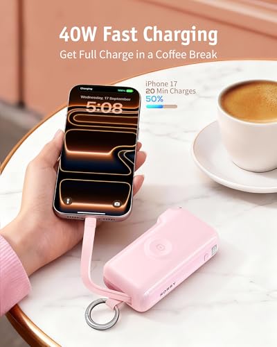 Image of RORRY Flow Portable Charger, 10000mAh 40W Fast Charging Power Bank with Built-in USB C Cable and Foldable Wall Plug, Battery Pack Travel Essentials for iPhone 17 /16 /15, Apple Watch, iPad, MacBook