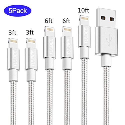 TUUBEE 5Pack[3/3/6/6/10FT] Nylon Braided Cell-Phone Charging Cable USB Fast Charging & Syncing Long