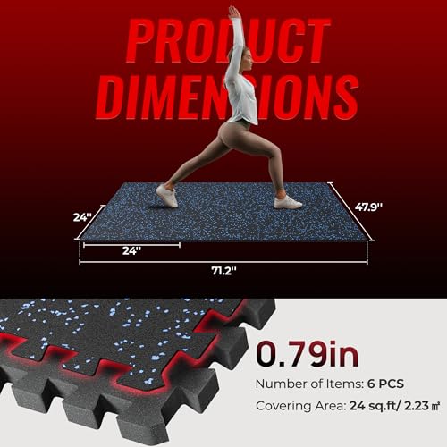 Image of SUPERJARE 0.79'' Extra-Thick Exercise Equipment Mats, 6 Pcs 24 Sq Ft Rubber Top Floor Tiles with High Density EVA Foam, Interlocking Gym Flooring for Home Gym, Protective Workout Mat, Black /Blue