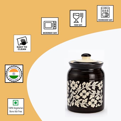 Image of D'Maiolica Traditional Ceramic Pickle Jars with Lid in 1000ml | Achaar Barni for Kitchen | Ceramic Container for Achar, Salt, Spices (Set of 1)(Z Black Floral Print)
