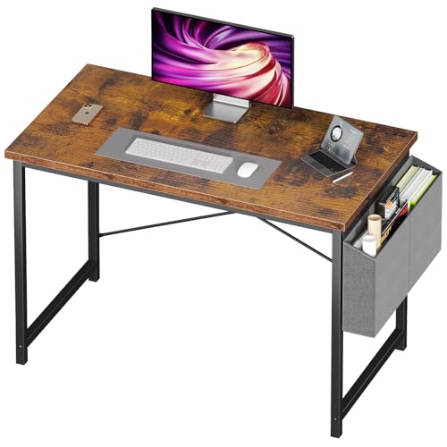 NEWBULIG 40 Inch Computer Desk Home Office Desks for Bedroom Writing Gaming Work Study Table with Storage Bag for Small Spaces, Modern Workstation in Vintage Brown