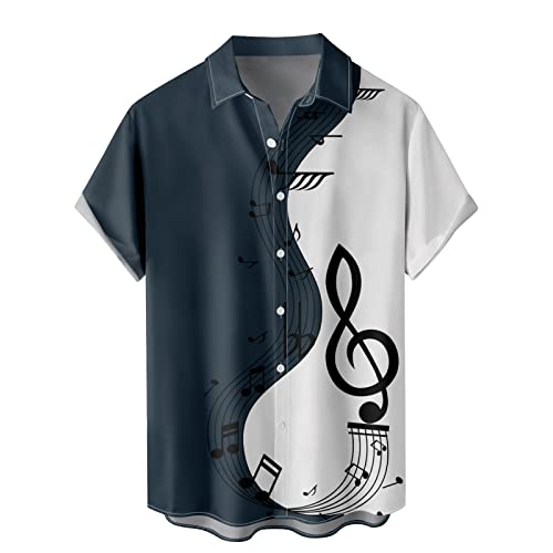 Fxbar Men's Musical Notes Printed Short Sleeve Hawaiian Shirts Turn Down Collar Button Down T-Shirts