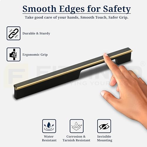 Image of Altroz Modern Handle for Wardrobe /Cabinet Handle /Pull Handle for Wardrobe /Cupboard Handle (96mm Hole to Hole) Aluminum - Black /PVD Gold (Pack of 1)-| 3 Years Warranty |