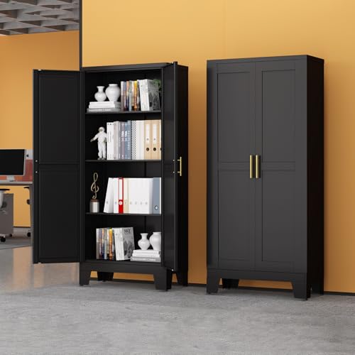 Image of Black Metal Storage Cabinet, 61 inch Steel Cabinets for Home Office | Kitchen Pantry Storage Cabinet with Doors and 3 Adjustable Shelves, Metal Tool Cabinet, for Office, Home, Garage, School