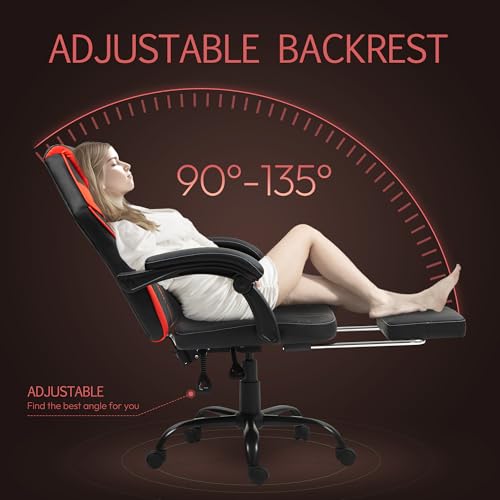 Gaming Chair with PU Leather, Ergonomic Gaming Chairs for Adults with Integrated Armrests and Footrest, High Back Adjustable Comfortable Gaming Home Office Computer Chair (Red)
