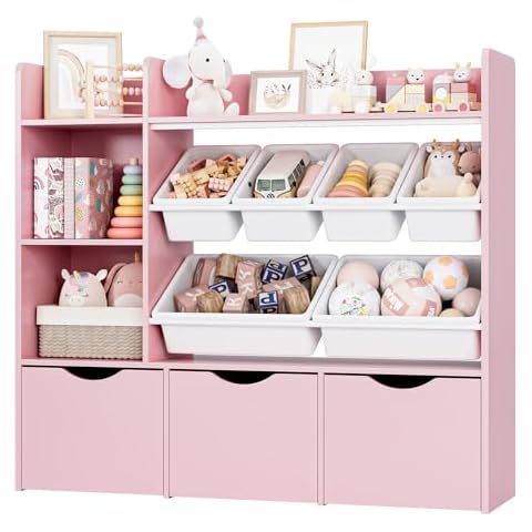 FACBOTALL Toy Storage Organizer with 3 Movable Drawers, Bookshelf and Bookcase with 6 Plastic Bins & 2 Storage Cubbies, Toy Chest with Hidden Wheels, Toy Storage Box for Playroom, School, Pink Cover