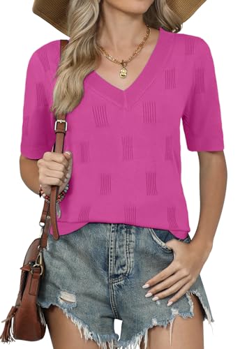 Image of Yincro Womens Short Sleeve Sweaters Fall Summer Tops V Neck Lightweight Knit Pullovers
