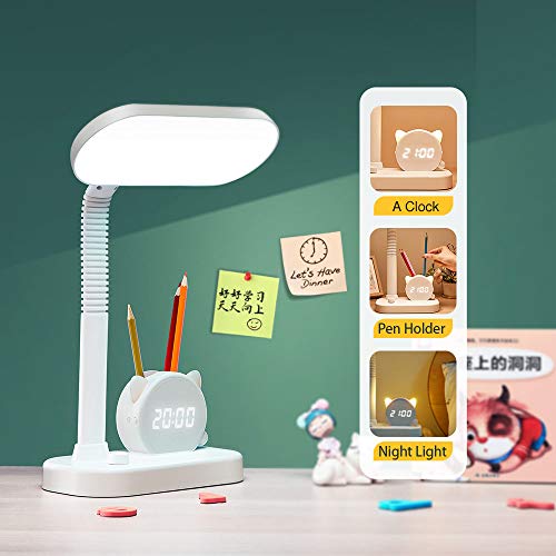 Desk Lamp Students Home Office, Small Table Led USB Charging Ports Portable Study Dorm Desk Reading Lights, Pen Holder Clock Eye Protection Battery Bright Flexible Bedside Touch Lamps White Kids
