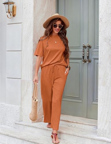 Image of Ekouaer Lounge Sets for Women 2 Piece Mock Neck Pajamas Short Sleeve Pj Tops Long Pants with Pockets Caramel