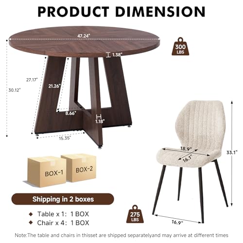 Image of 47 inch Round Dining Table Set for 4, Kitchen Table and Chairs | Wooden Cross Base, Boucle Fabric Chair, for Apartment