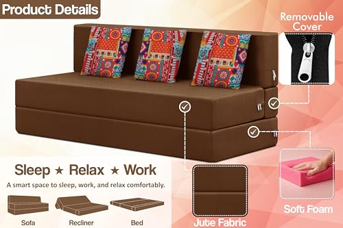 Image of Rosebell Three Seater Foldable Sofa Cum Bed (5x6 Feet) ? Jute Fabric, Washable Removable Cover, Includes Cushion | Space Saving Convertible Sofa Bed for Home, Office & Guests - Brown