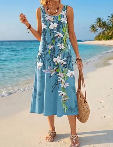 Image of Zeagoo Womens Summer Midi Dresses 2026 Casual Sleeveless Tank Sundresses A Line Crewneck Beach Vacation Dress with Pockets