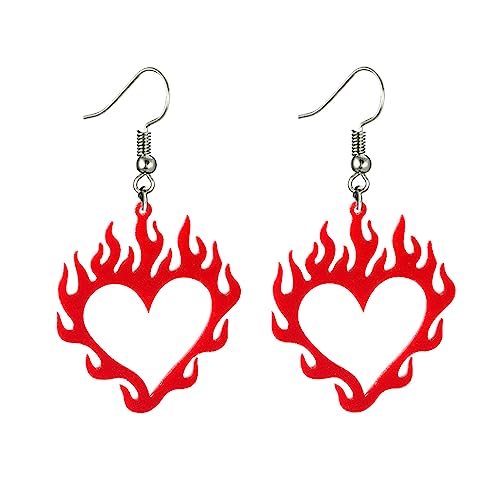 Heart Flame Fire Earrings for Women Personalized 70s 80s Lightweight Acrylic Hollow Love Heart Dangle Drop Statement Earrings Halloween Party Accessories Jewelry (Red)