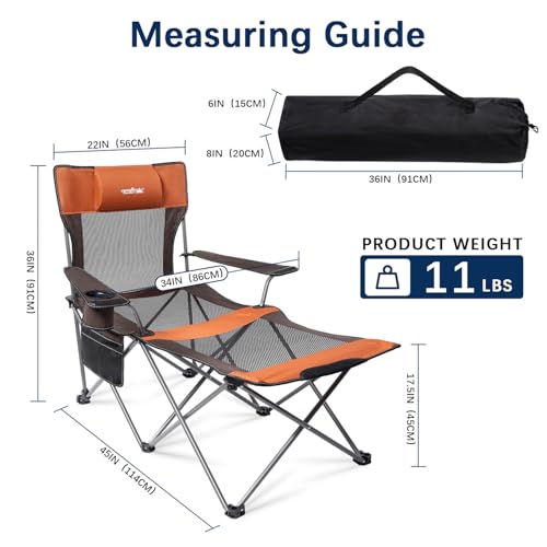 Image of apollo walker Reclining Beach Chair, Adjustable 90-135 Backrest Camping Lounge Chairs for Adults, Folding Chair with Foot Rest & Detachable Pillow - Standard 6-Leg, Orange