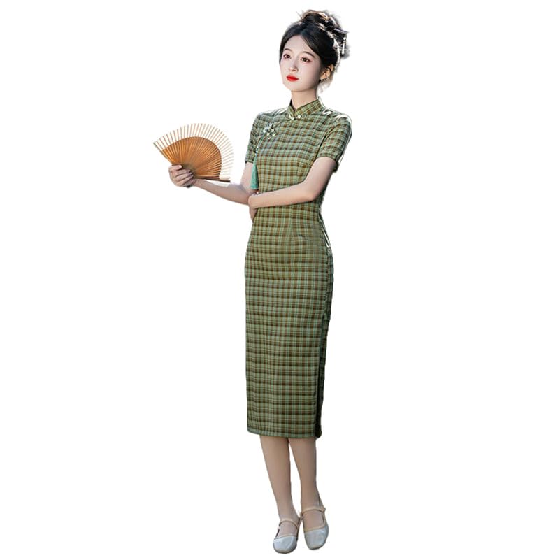 Robe Cheongsam à carreaux mi-longue tendance vêtement femme élégant chic