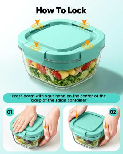 Image of Glass Salad Container,56oz Salad Bowl To Go for Lunch with Airtight Lid,Leak-Proof Sauce Container,4-Compartment Bento Tray & Reusable Fork - BPA-Free Glass Lunch Box for Meal Prep,Office(Green)