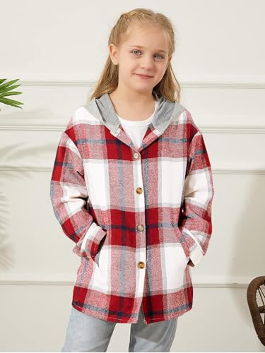 Image of Girls Cute Flannel Plaid Button Down Top with Pockets Long Sleeve Hooded Jacket