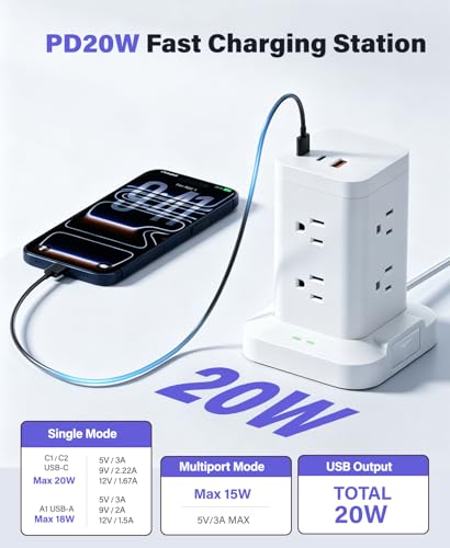 Power Strip Tower with Surge Protector 1800J, Fast Charging Tower PD20W USB-C Ports with 8 AC Outlets, 10ft Extension Cord for Home Office Dorm Room, White — view 3