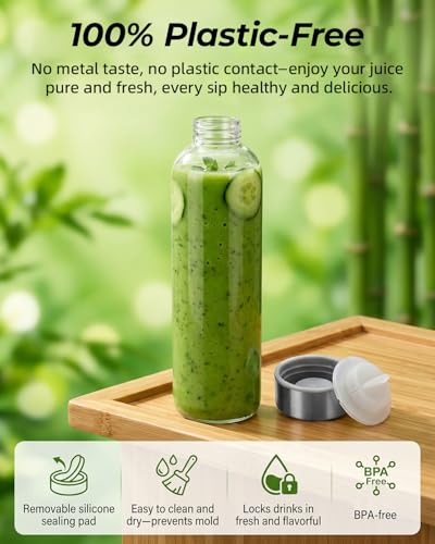 Image of Zukro Glass Juice Bottles with Lids 32 oz, 3 Pack Reusable Clear Large Glass Containers for Juicing, Smoothies, Cold Brew Coffee & Water, Leakproof Stainless Steel Caps, Funnel & Cleaning Brush Set
