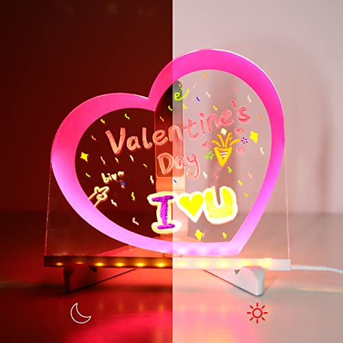 Image of ENUOLI Acrylic Dry Erase Board with Light Pink Heart Clear Desktop Whiteboard LED Lamp Message Board with Stand for Desk,Acrylic Memo Tablet with 7 Pens LED Lamps for Home Wedding Christmas