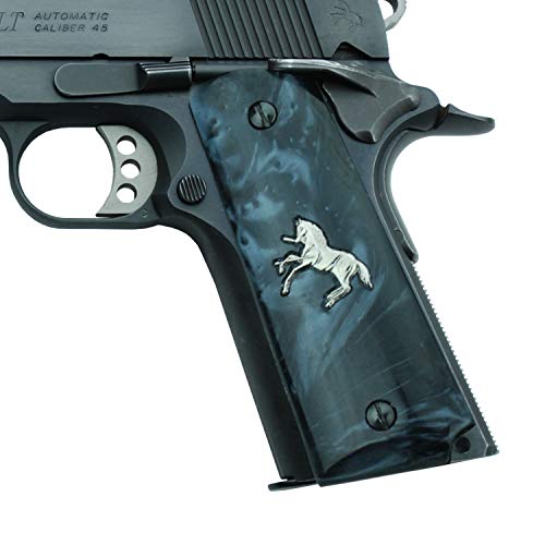 Altamont 1911 Grips - Black Pearl - Full Size 1911 Grips w. Ambi Safety fits Most Commander, Standard & Government 1911 Models - Made in USA - Black with Silver Colt