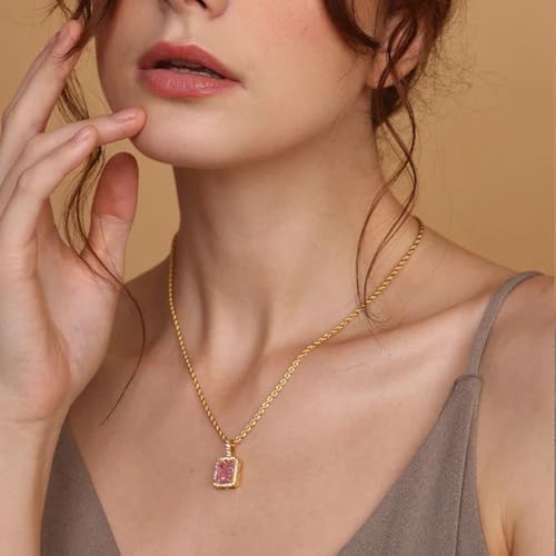 Image of PALMONAS Pink Emerald Geometric Pendant for Women - Gift For Women & Girls, Waterproof & Anti Tarnish Pendant Necklace Jewellery