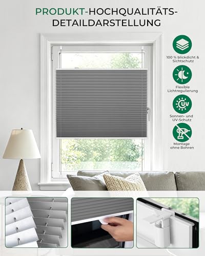 Allesin Plissee ohne Bohren verdunkelung, Thermo plissee 100% verdunklung,Grau 35x100cm(BxH) verdunklungsplissee Klemmfix für Fenster & Tür, Blickdicht Sichtschutz Sonnenschutz