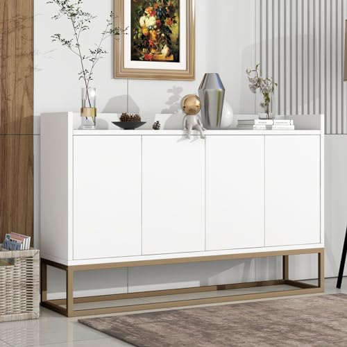 TIMORWTF Aparador Mueble Cocina 120x30x80 cm, Mueble de Almacenamiento con 4 Puertas y Estantes Ajustables, Pies de Metal, Aparador Moderno para Comedor y Salón, Blanco