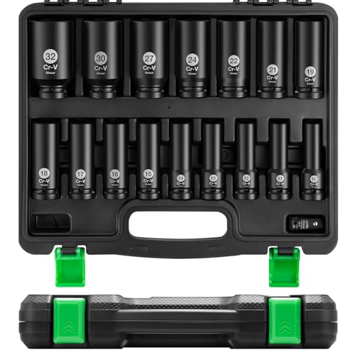 Ginour Impact Socket Set 1/2 Inch, 17PCs Drive Master Deep Impact Socket Set 10mm, 32mm, Metric, Cr-Mo, 6 Point