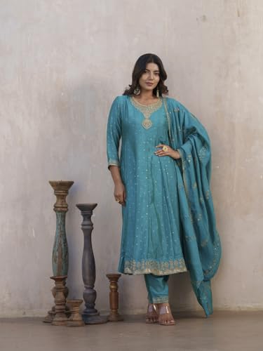 Image of Kaari Women's Embroidered Kurta Set with Dupatta - Festive Kurta Set for Women Polyester Blend