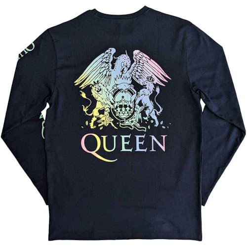 T-Shirt Queen Rainbow Crest bleu denim à manches longues, idéal pour vos concerts