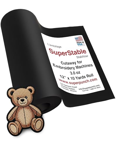 Superpunch Cutaway 3.0 oz Stabilizer for Embroidery Machines, SuperStable Black Thick Cut Away Stabilizer-12 inch x 10 Yard Roll, Cut Away Machine Embroidery Stabilizer Backing- Made in USA