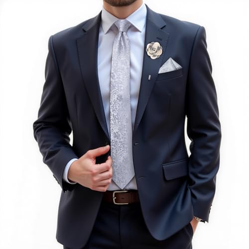 Image of DiBanGu Silk Ties for Men Necktie and Lapel Pin Brooch Set Formal Woven Paisley Plaid Striped Solid Tie Wedding Party