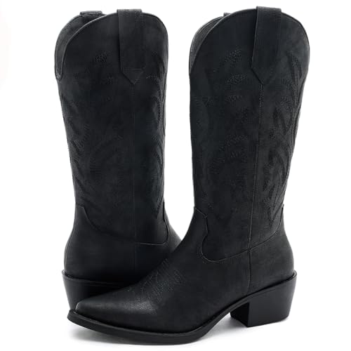 Image of GLOBALWIN Women's Mid Calf Western Cowboy Boots Cowgirl Boots for Women with Floral Embroidery Side Zipper Chunky Heel
