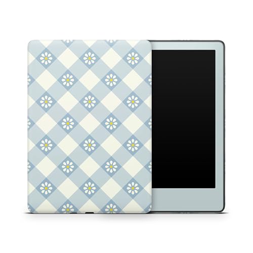 ZOOMHITSKINS Glitter Kindle Skin Compatible with Kindle Paperwhite Gen 11 (2021), Gingham Vintage Striped Cute Kawaii Princess Blue Tiny Flowers Daisy, Easy Bubble-Free 3M Vinyl Decal, Made in USA