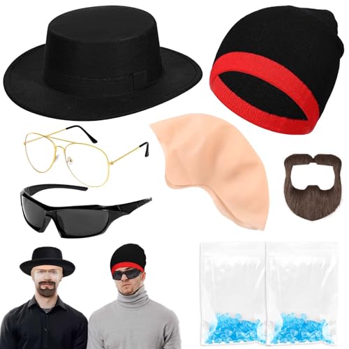 JcHrmers 9 Pcs Halloween 2 Sets Men Bad Chemist Costume Accessories Includes Pork Pie Cap Beanie Cap Sunglasses Fake Beard Bald Cap Blue Particles with Bags for Halloween Party Cosplay Dress up
