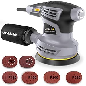 Jellas 5-Inch Random Orbital Sander with 18Pcs Sandpapers, 13000RPM 6 Variable Speed Sander Machine, High Performance Dust Collection System for Woodworking, 2.5A, Dust Collection Bag Include – OS280
