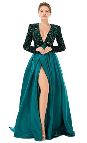 Women's Long Sleeves Deep V-Neck Sequins Split Evening Dress3