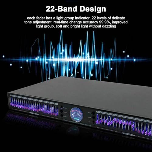 Digital equalizer, 22-band dual-channel graphic equalizer with 10 preset effects, bass/mid/treble adjustment, automatic noise reduction, 1U rack mount for studio use