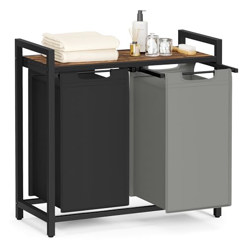 VASAGLE Cesto para Ropa Sucia, Cesta Colada, 2 Bolsas de Tela Oxford Extraíble y Desmontable, Estante, Marco Metálico, 2 x 46 L, 73 x 33 x 72 cm, Negro Tinta Gris Paloma y Marrón Rústico BLH201X01