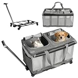 Sideroly Double Compartments Large Cat Carrier, Cat Carrier for 2 Cats with Wheels, 2-in-1 Detachable Partition 60*35*33cm Foldable Pet Carrier, Rolling Bag for Cat/Dog for Camping,Traveling,Walking