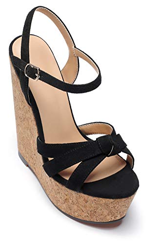 Mettesally Femme Escarpins Bride Cheville Sexy Compensées Plateforme Bout Ouvert Chaussures Club Soiree, Noir-Suède EU37 – vue 7
