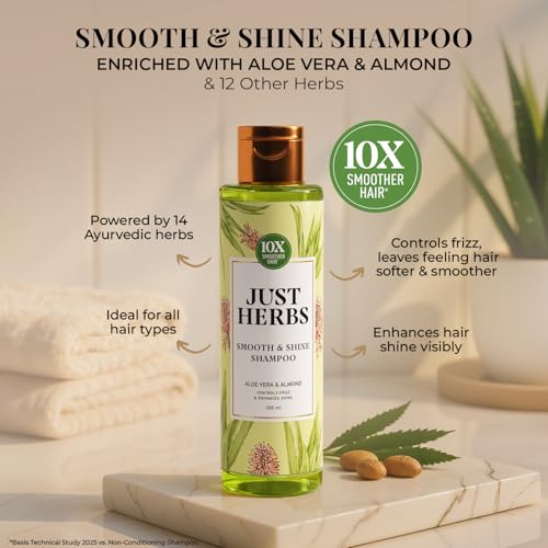 Image of Just Herbs Smooth & Shine Shampoo for Dry and Frizzy Hair| Aloe Vera, Almond, Rice Protein & 12 Herbs | 10X Smoother Hair From First Wash | Ayurvedic Shampoo for All Hair Types - 200ml