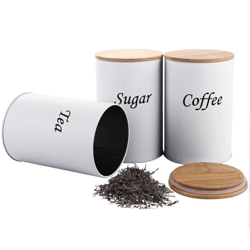 LOLYSIC Juego de 3 botes herméticos redondos de metal para té, café, azúcar, 9,5 x 9,5 x 14,2 cm, color blanco