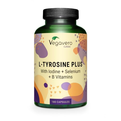 Vegavero L-Tyrosine 1200 mg | 180 Capsules | with Iodine Selenium & B Vitamins | Fermented Free-Form Amino Acid | High Strength Complex | Brain Energy & Focus Supplement | Vegan