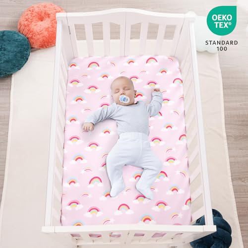 Image of david's kids 3 Pack Mini Crib Sheets, Soft Breathable Premium Pack N Play Sheets for Baby Girls Neutral, Playard and Mini Crib Mattresses, Rainbow