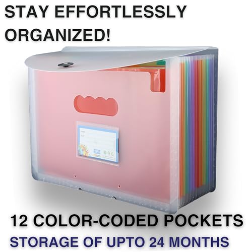 Image of SPS A4 Expanding File Folder - 13 Pockets | Transparent | Pastel Color Dividers | Snap Button Closure | Fits A4 & Letter Size | Waterproof & Lightweight